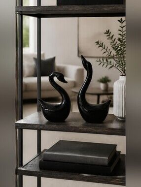 Vintage HALLMARK CROWNING TOUCH Black Glass Swans Set of 2